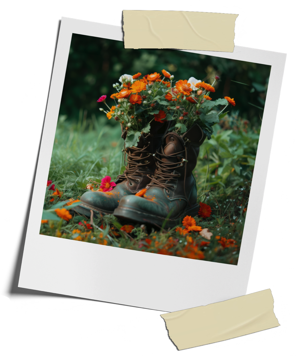 Polaroid photo of empty combat boots with various orange, white, and pink flowers in and around them.
